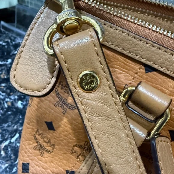 MCM Cognac Visetos Monogram Shoulder Bag with Gold Plaque - Picture 11 of 14